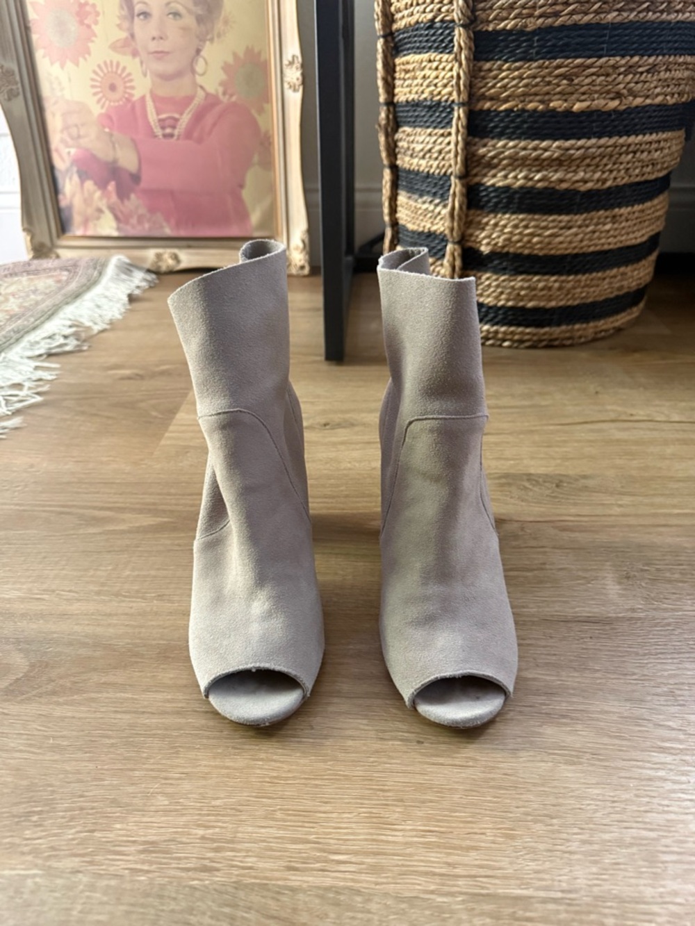 Chinese Laundry Suede Peep-Toe Ankle Boots - Taupe